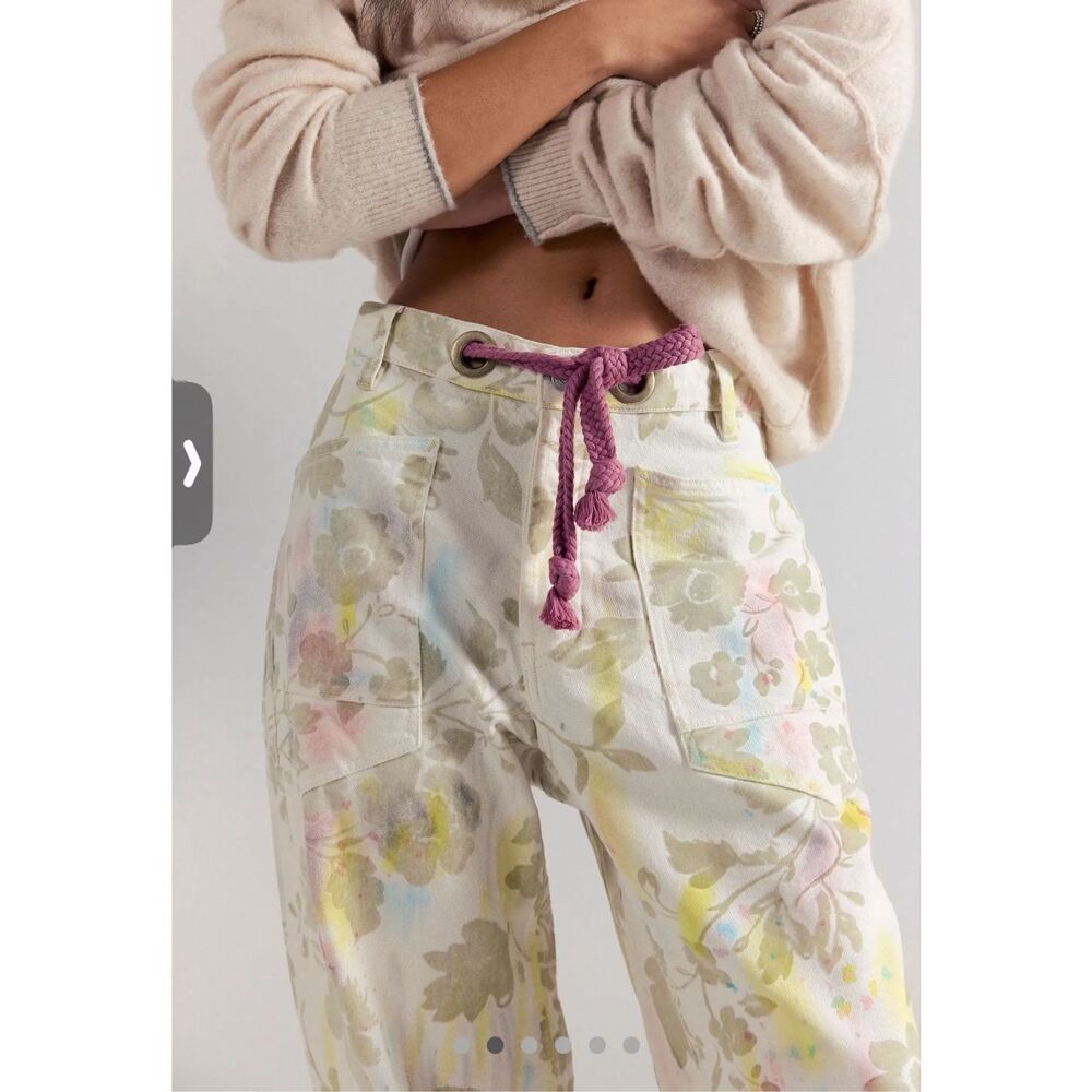 Free People Straight-Leg Floral Print Jeans with Pink Tie - Picture 4 of 11